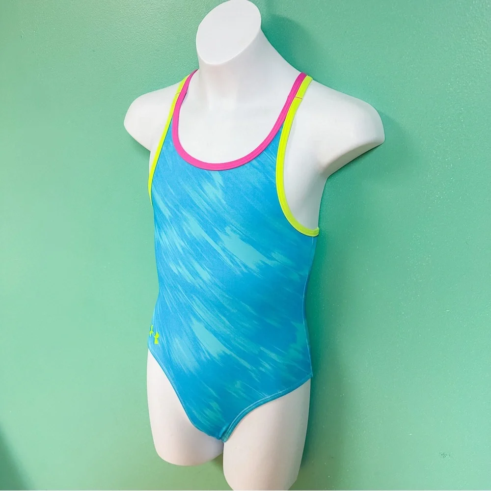Under Armour Neon Blue Yellow & Pink Double Racerback One Piece Swimsuit Size 7